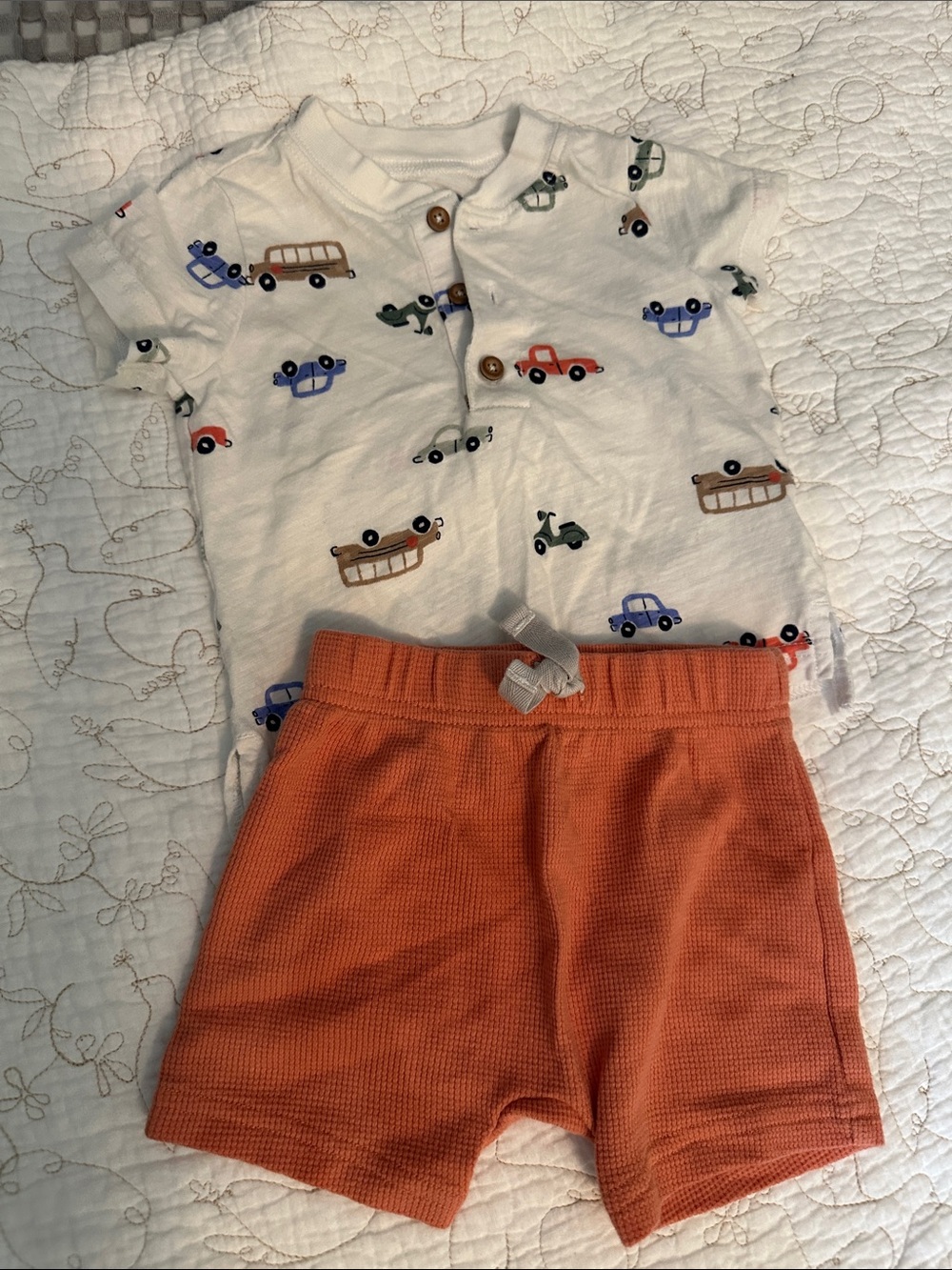 Carter's Cream Top with Multi-Color Car Prints and Orange Shorts